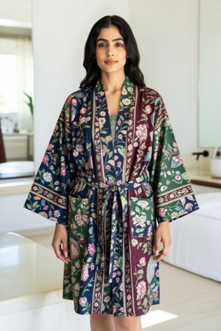 Blue And White Leaf Printed Bathrobe