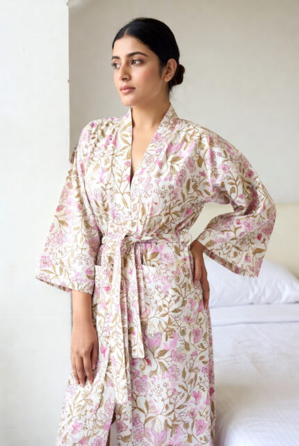 Lotus Flower Hand Block Print Cotton Bathrobe