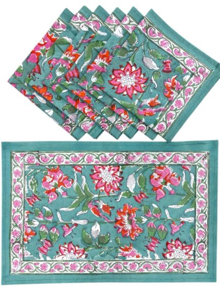 Hand block printed table mate and napkin set by Fabfusion