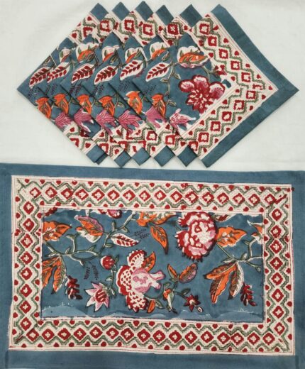 Hand block printed table mate and napkin set by Fabfusion