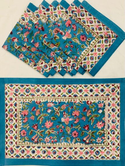 Hand block printed table mate and napkin set by Fabfusion