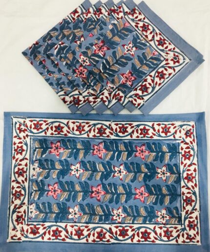 Hand block printed table mate and napkin set by Fabfusion