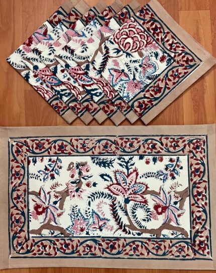 Hand block printed table mate and napkin set by Fabfusion